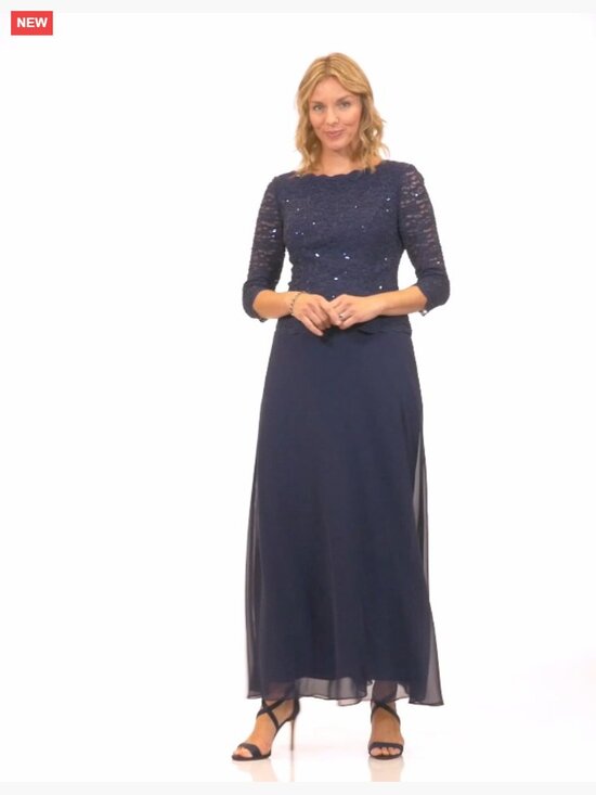 Long 3/4 Sleeve Lace Bodice Chiffon Gown Mother of the Bride Dress - Picture 6 of 6